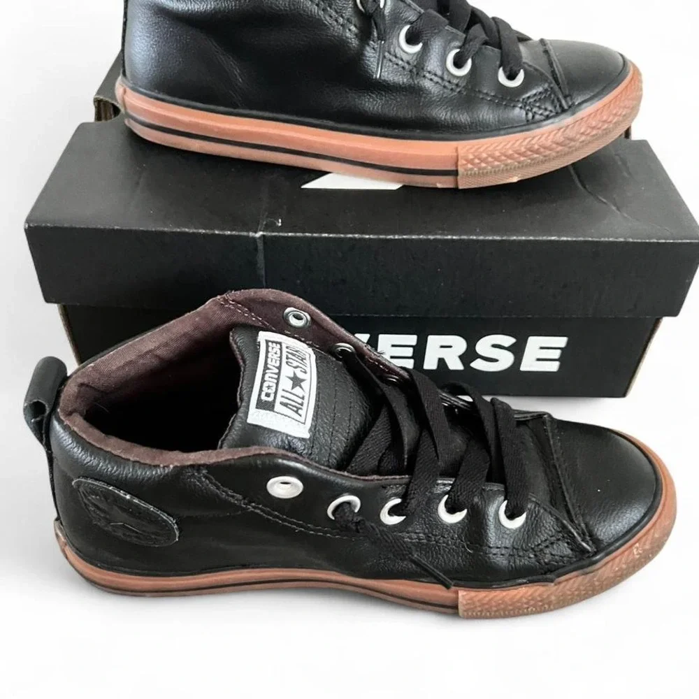 Converse All Star Kids Black Leather High Top Sneakers Youth Size 4
